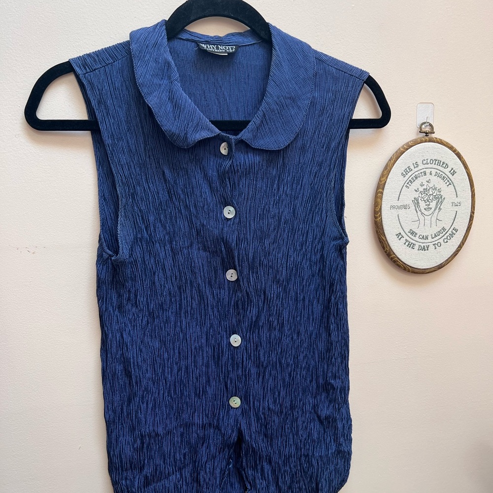 Vintage WHY NOT? Clothing Co Textured Blue Sleeveless Button Down Shirt